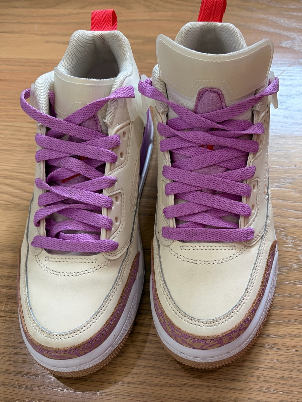 Jordan Women’s Cream High-Top Sneakers with Purple Laces and Red Heel Pull
